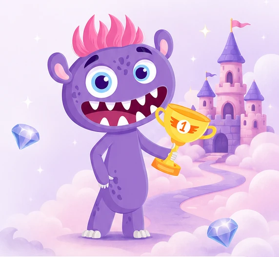 Offloo mascot with a trophy in a magical cloud sky
