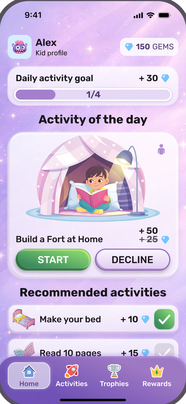 Offloo Home — daily activity goal and gems